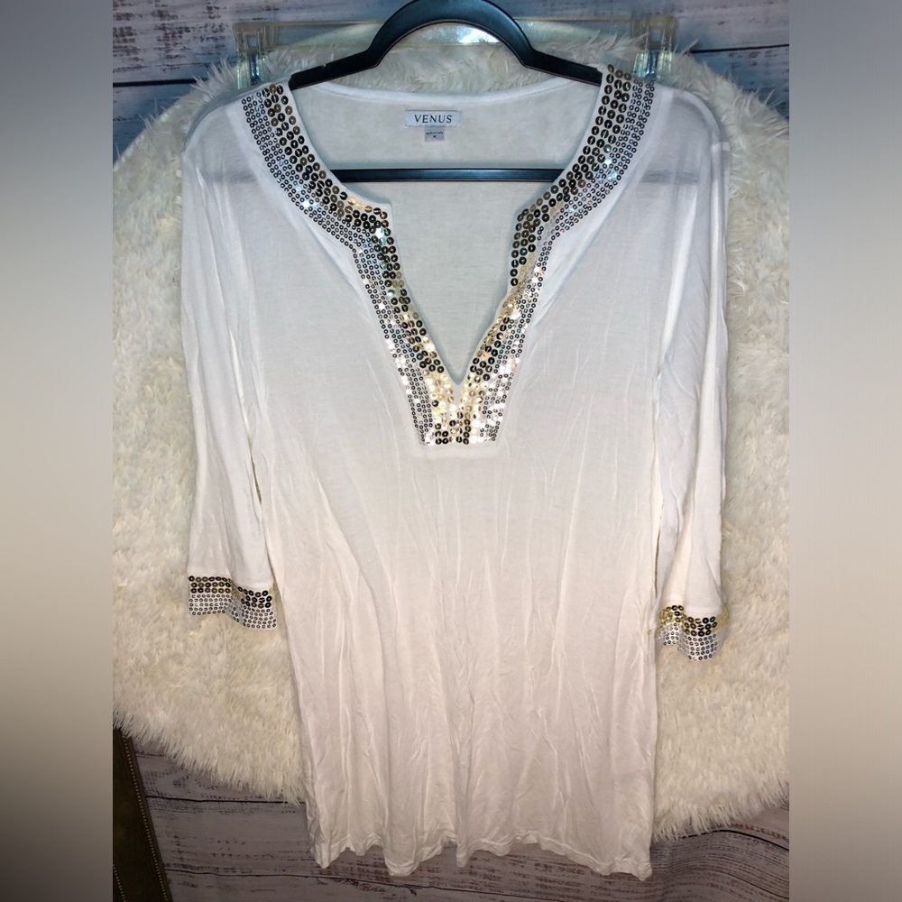 VENUS White Silver Embellished Tunic 3/4 Sleeve Medium NWOT - Picture 6 of 14